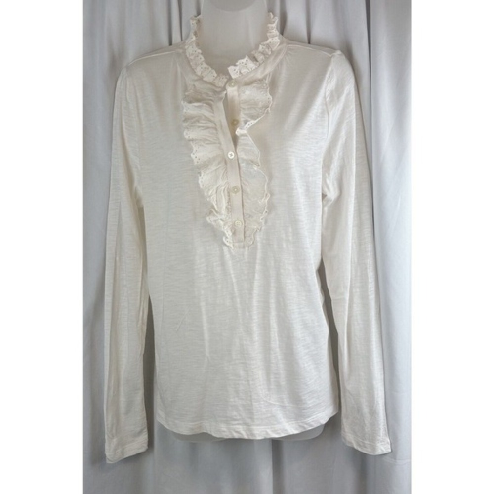 LOFT Cream Eyelet Lace Ruffle Henley Top‎ Long Sleeve Cotton L Cottagecore 58-22 - Picture 2 of 11